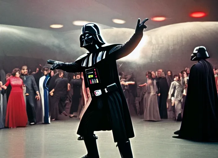 Prompt: of Darth Vader disco dancing exactly like John Travolta on the cover of Saturday Night Fever, 4k