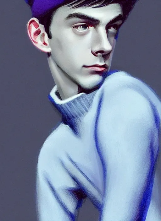 Image similar to portrait of teenage jughead jones wearing a light grey crown, crown, blue turtleneck, 1 9 5 0 s, closed eyes, photorealistic, black hair, glowing lighting, intricate, elegant, glowing lights, highly detailed, digital painting, artstation, concept art, smooth, sharp focus, illustration, art by wlop, mars ravelo and greg rutkowski