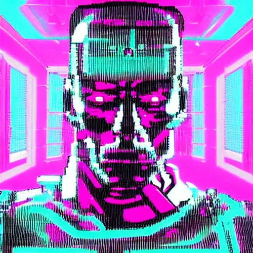 Prompt: T-800 Terminator in the style of vaporwave, portrait