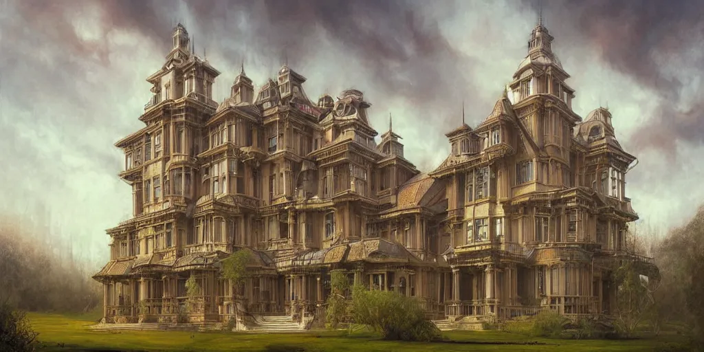 Prompt: a geometrically accurate painting of a late Victorian mansion designed by Joseph Paxton, illustration by Peter Mohrbacher and Peter Gric