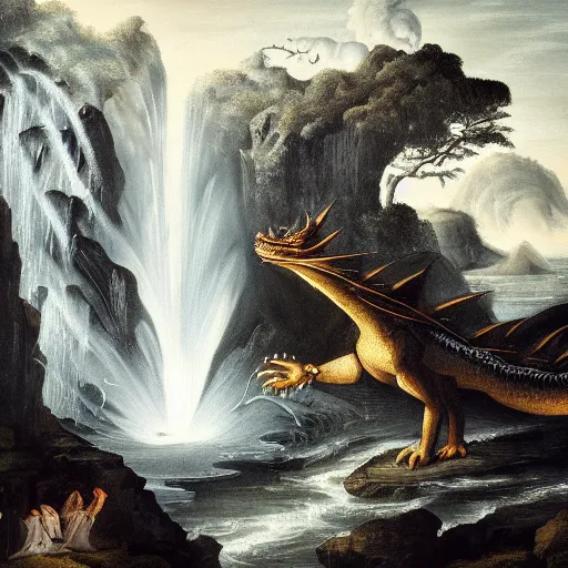 Image similar to oil painting of a dragon with black and white stripes flying in the air near a cave with a waterfall in the center, light emanating from the waterfall leading to a big pool of water, elegant, sharp focus, wide shot, clear, detailed, early renaissance