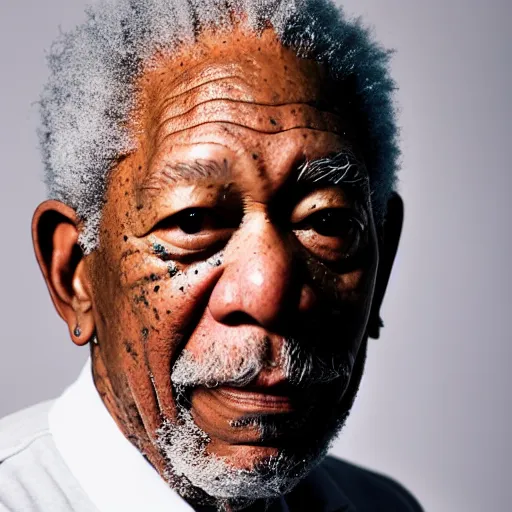 Image similar to a studio photograph of Morgan Freeman dressed as Travis Scott, 40mm lens, shallow depth of field, split lighting