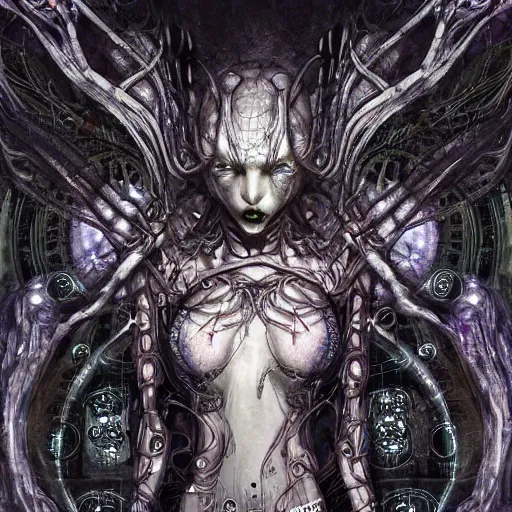 Prompt: cybernetic demon dreaming, lsd, circuitry, intricate detail, royo, whealan, giger, hd,