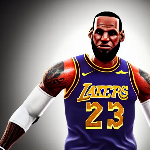 Image similar to 3 d render of lebron james as a super smash bros. character, white background, intricate high quality textures, cartoonish render, impressive lighting techniques, highly detailed, cinematic lighting, dramatic posing, 8 k quality, dramatic rim lighting, high quality