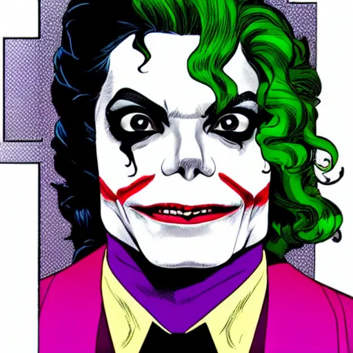 Image similar to dynamic macro head portrait of beautifu michael jackson as the joker in white sequined jacket by john romita sr and cory walker and ryan ottley and jack kirby and barry windsor - smith, comic, illustration, photo real