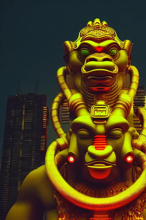 Image similar to high quality 3 d render hyperrealistic cyberpunk hanuman head building, neon yellow madhubani, highly detailed, in sci - fi mumbai, unreal engine cinematic smooth, liam wong, moody light, low angle, uhd 8 k, sharp focus