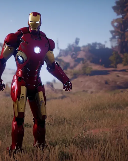 Image similar to robust and bulky iron man suit in red dead redemption 2, cinematic, photorealistic