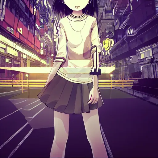 Image similar to Frequency indie album cover, luxury advertisement, yellow filter, white and gray colors. Clean and detailed post-cyberpunk sci-fi close-up schoolgirl in asian city in style of cytus and deemo, blue flame, relaxing, calm and mysterious vibes, by Tsutomu Nihei, by Yoshitoshi ABe, by Ilya Kuvshinov, by Greg Tocchini, nier:automata, set in half-life 2, Matrix, GITS, Blade Runner, Neotokyo Source, Syndicate(2012), dynamic composition, beautiful with eerie vibes, very inspirational, very stylish, with gradients, surrealistic, dystopia, postapocalyptic vibes, depth of field, mist, rich cinematic atmosphere, perfect digital art, mystical journey in strange world, beautiful dramatic dark moody tones and studio lighting, shadows, bastion game, arthouse