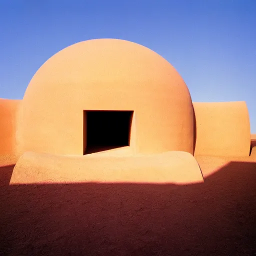 Prompt: a Non-Euclidean orb-like clay building sitting in the desert, vintage photo, beautiful cinematography, blue sky, film grain, extreme wide shot, far away, in the distance, James Turrell