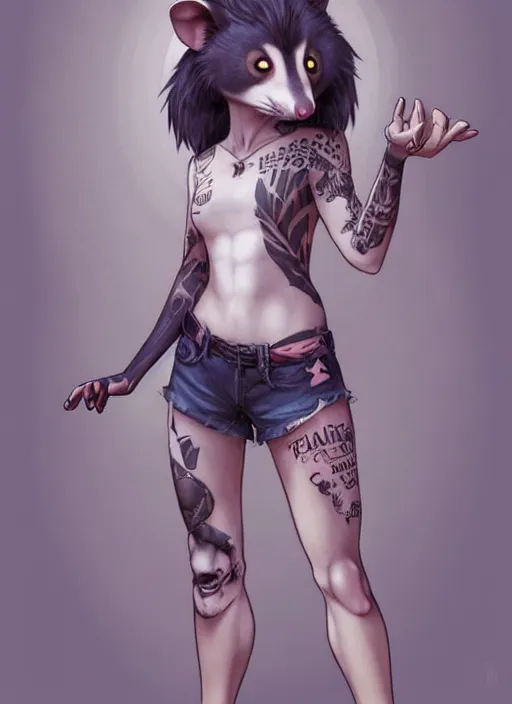 Image similar to character portrait of a anthro opossum girl fursona wearing a tanktop and shorts with arm tattoos. Character design by charlie bowater, ross tran, artgerm, and makoto shinkai, detailed, inked, western comic book art