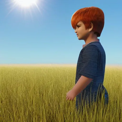 Prompt: detailed boy standing in a grass field with the sun in the background, unreal engine 5 rendered, incredibly highly detailed and realistic, 8 k, sharp focus, studio quality