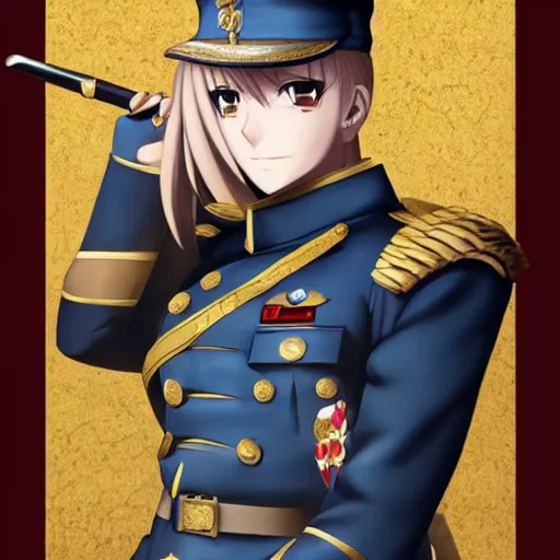 Image similar to full body portrait of saber from fate / stay night as a dictator in full military uniform with way too many medals, highly detailed, trending on artstation, 4 k, drawn by wpl