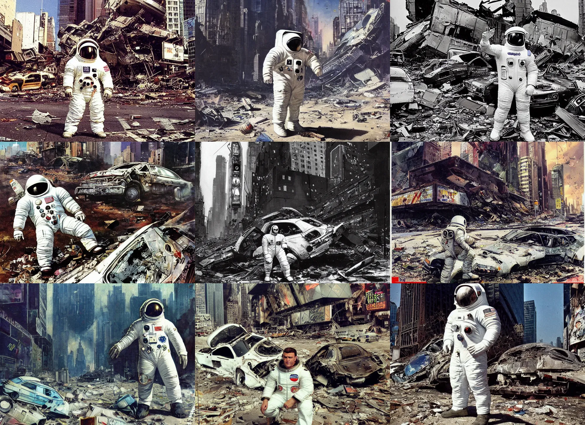 Prompt: american white spacesuit chubby astronaut in giant postapocalyptic abandoned destroyed times square, wrecked buildings, destroyed flipped wrecked cars, by frazetta