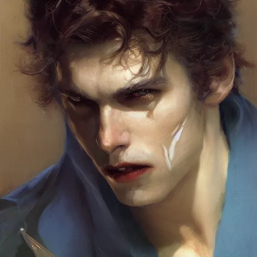 Prompt: detailed cinematic wide shot of beautiful attractive vampire man slim face symettrical face clean skin blue eyes black robe smooth, sharp focus, ultra realistic, spring light, painting by gaston bussiere, craig mullins, j. c. leyendecker