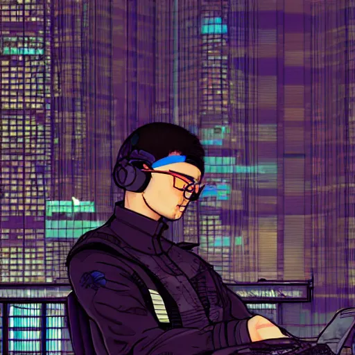 Image similar to Cyberpunk hacker wearing a headset sits at his terminal by a large window looking out at the city, Ukiyo-e, art station, cyberpunk