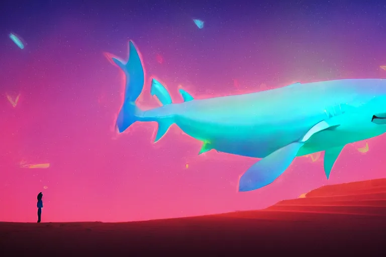 Image similar to a holographic projection of a huge colorful lucid shark made of light beams appears in the desert at night, a man is stunned, by anton fadeev, highly - detailed, fantasy, sci - fi