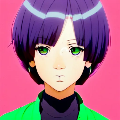 Prompt: anime poster film still portrait, african american young woman, large, purple eyes!!!, white french bob, green green green bomber jacket, detailed facial features, dynamic pose, cute face by ilya kuvshinov, yoh yoshinari, makoto shinkai, rimlight, cel shaded, 4 k