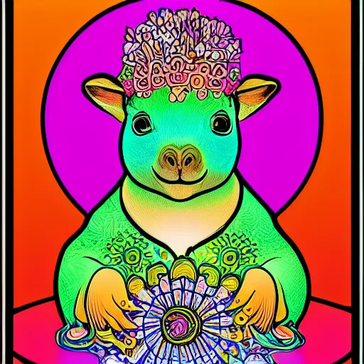 Image similar to beautifully ornate art nouveau opart glowing chunky baby capybara neon wearing a flower crown with mushrooms with flower mandala in background poster art by victor moscoso and gilbert shelton, saturated bright pink orange and green, 8 k, artstation