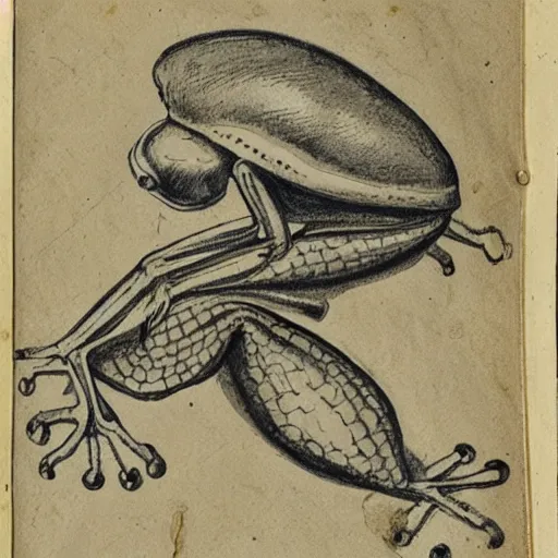 Prompt: snail with the legs of a frog underneath, manuscript