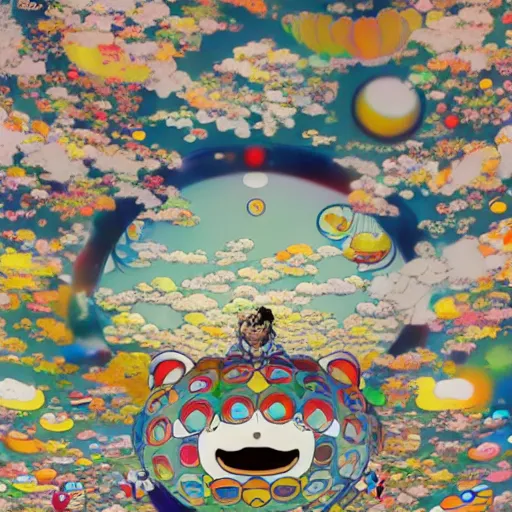 Image similar to a man walking on clouds away from the camera above kyoto by takashi murakami, beeple and james jean, aya takano color style, 4 k, super detailed, modern, 4 k, symmetrical