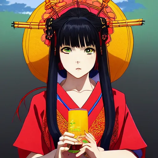 Image similar to portrait of the shrine maiden of the sacred rice wine, anime fantasy illustration by tomoyuki yamasaki, kyoto studio, madhouse, ufotable, comixwave films, trending on artstation