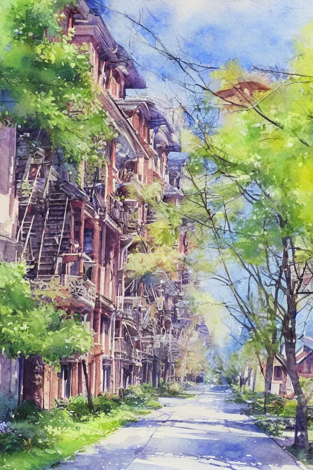 Image similar to street lined with old residential houses summer watercolor by arti chauhan trending on artstation