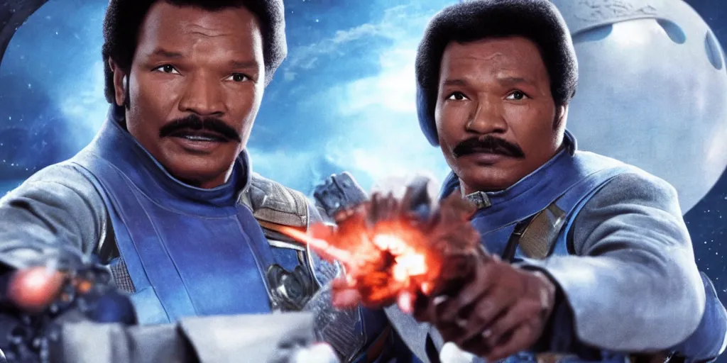 Prompt: lando calrissian played by photo real billy dee williams 1 9 8 3, motion blur runs through massive battlefront, mcu style, explosions, fire, real life, spotted, ultra realistic face, accurate, 4 k, movie still, uhd, sharp, detailed, cinematic, render, modern