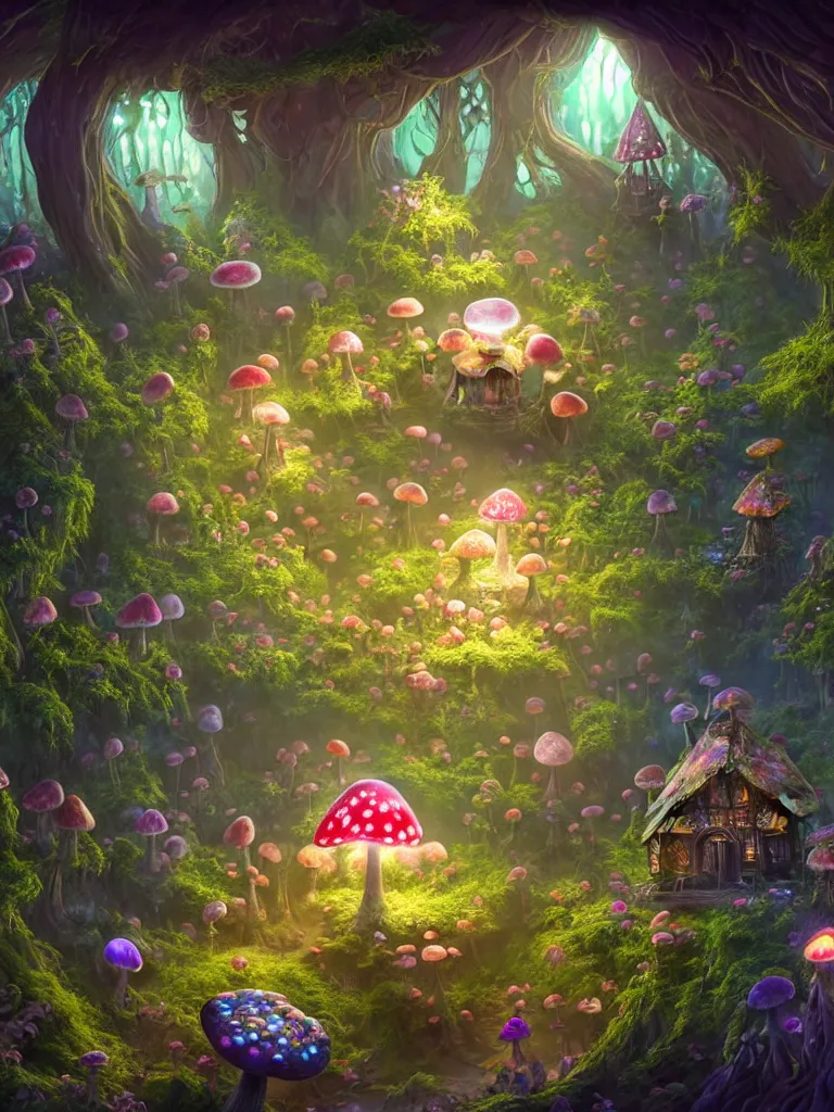 Prompt: the interior of a celestial dainty fairy cottage in a bioluminescent tree trunk decorated beautifully, lots of cute fairy design elements like toadstool mushrooms and cyberpunk robots, warm sunlight shining in, lots of plants and flowers, concept art 8 k resolution, fantasy illustration, sharp focus, detailed painting, deep color, volumetric lighting, crepuscular rays