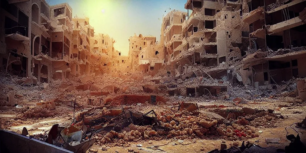 Prompt: “epic view of Hummus in Syria in destruction, ruins, trending on artstation, photorealistic, concept art, cinematographic, epic lighting”