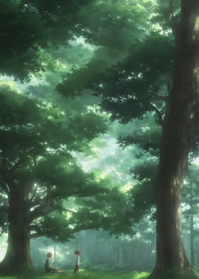 Image similar to grand green tree in a forest, makoto shinkai