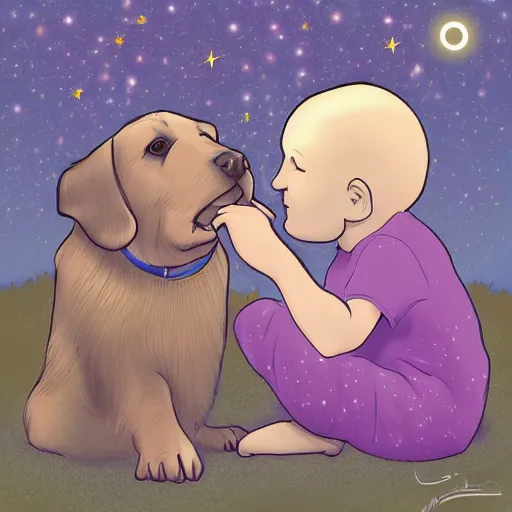 Image similar to a kid and a dog staring at the stars, digital art