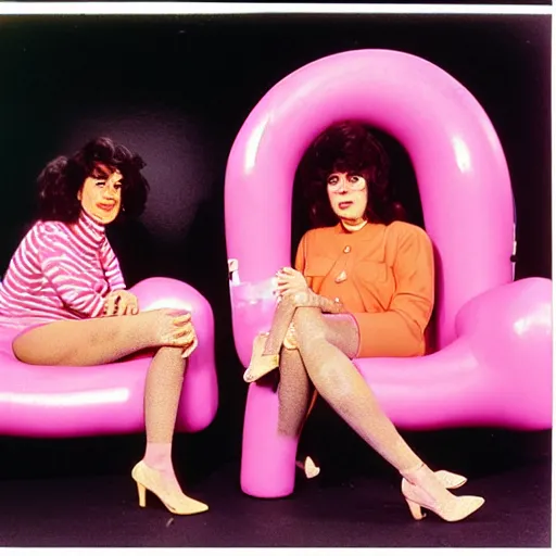 Prompt: 1982 twin women on tv talk show wearing an inflatable long prosthetic snout nose made of gooey pink slime, soft color wearing stripes sitting on vinyl chairs, pink slime everywhere, studio lighting 1982 color film archival footage 16mm John Waters Russ Meyer Almodovar Doris Wishman