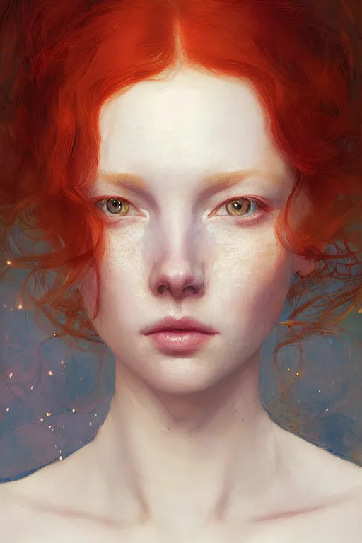 Image similar to of beautiful redhead female, beauty portrait by greg rutkowski, hilma af klint, moebius, victo ngai, sharp focus, global illumination, highly detailed, masterpiece, award winning, post processing