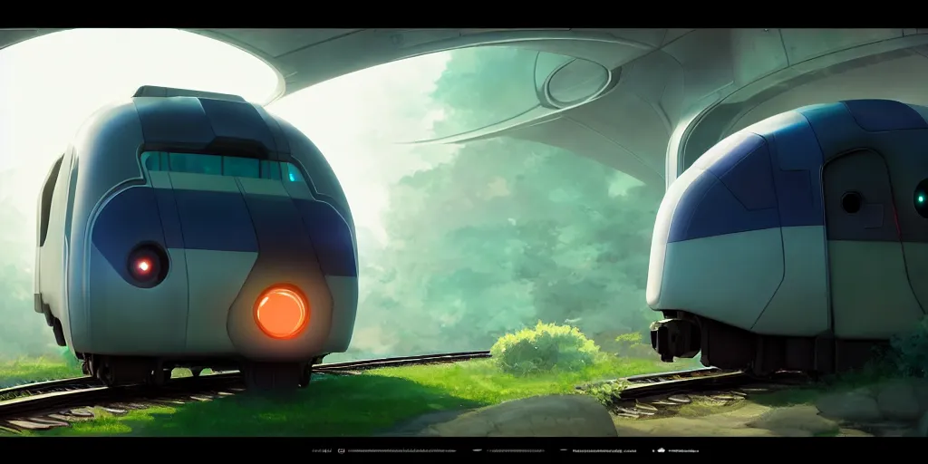 Prompt: futuristic train designed by apple, studio ghibli, pixar and disney animation, sharp, rendered in unreal engine 5, anime key art by greg rutkowski, bloom, dramatic lighting