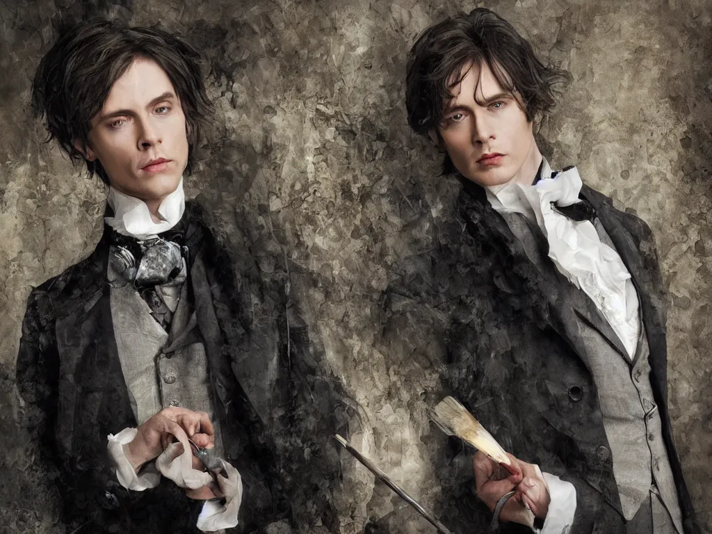 Prompt: dorian gray's painting being painted by basil halward, digital painting, wallpaper, realistic lightning