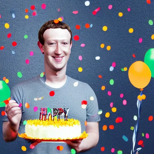 Image similar to mark zuckerberg is inside a computer monitor, handsome bearded man has a birthday cake, happy birthday, confetti, cake, balloons