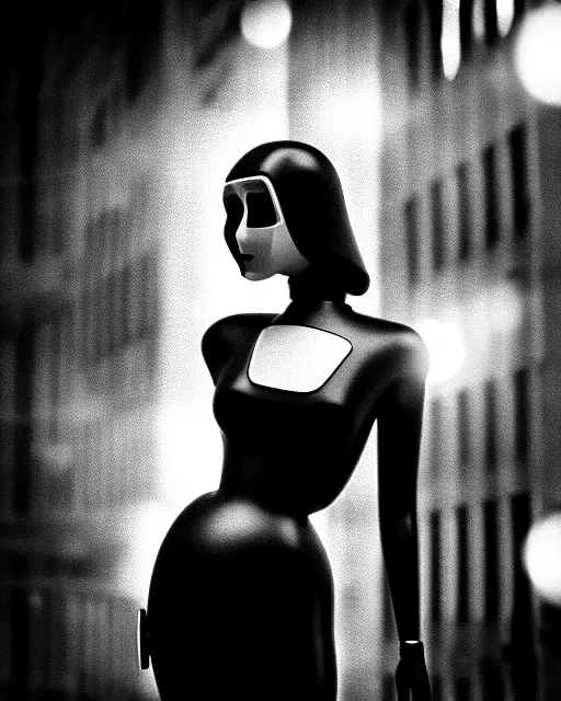 Image similar to black and white dreamy young beautiful female artificial intelligence, metropolis, cinematic, rim light, bokeh, photo - realistic, elegant, high detail, 8 k, masterpiece, photo taken in 1 9 3 0