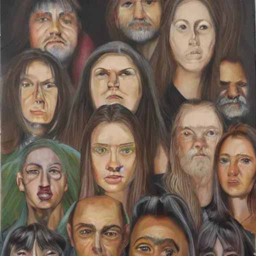 Image similar to Frontal portrait of a bunch of semi-sentient lunatics. Detailed oil painting.