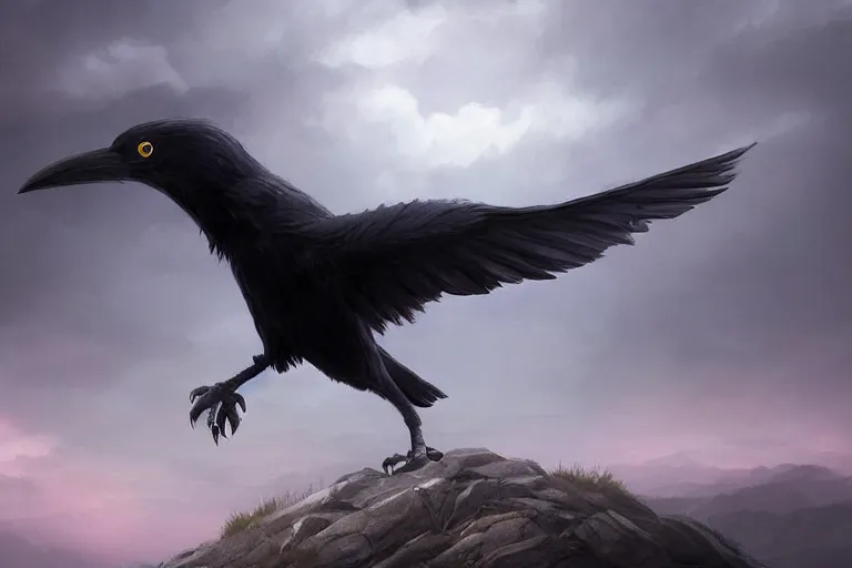 Image similar to gigantic crow standing on top of a hill looking down, cloudy sky in the background, digital painting, epic, pokemon style, earth type pokemon, smooth, trending on artstation, professional painting, made by greg rutkowski