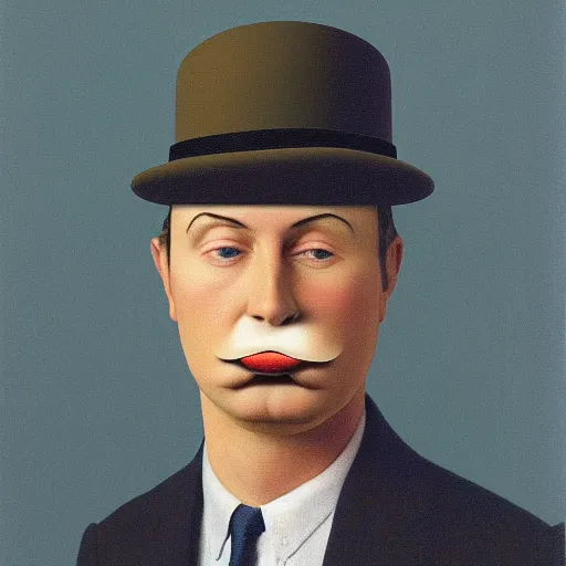 Image similar to portrait of a man wearing pants hat, realphoto render by rene magritte