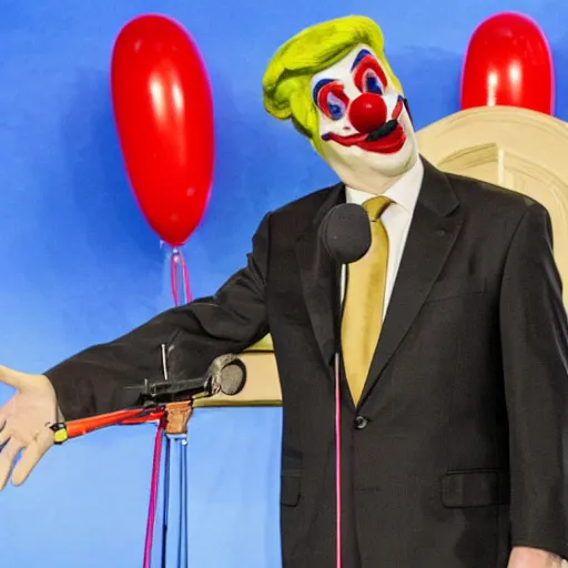 Image similar to photo of a president with clown face giving a speech in television