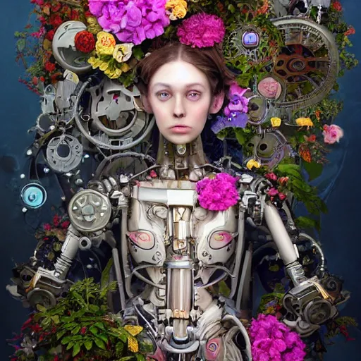 Image similar to a beautiful intricate fine art portrait photo of a farewell moment between lovers, a mechanical industrial steampunk cybernetic robot and a human overgrown with colorful flowers and leaves by tom bagshaw and zach sutton, golden ratio composition, studio lighting, 50mm lens, very detailed, bionic, cybernetic scifi, deep depth of field, artstation, 8K, highly coherent