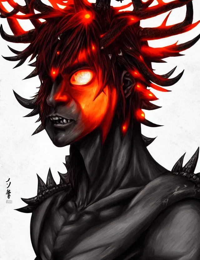 Image similar to a detailed manga portrait of a pitch black demon boy with dark antlers and crimson hair and glowing orange eyes, trending on artstation, digital art, 4 k resolution, detailed, high quality, sharp focus, hq artwork, coherent, insane detail, character portrait