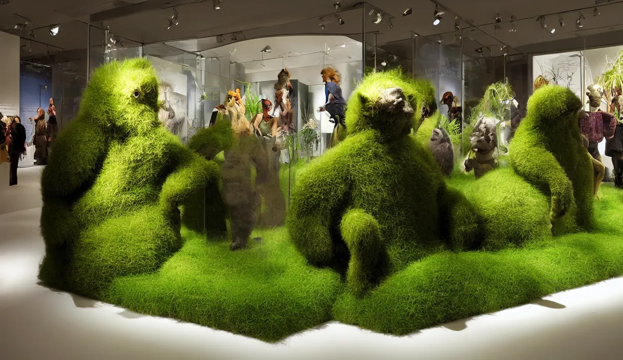 Prompt: diorama windowstore vitrine simulating a habitat with grass and plants, at the american museum of natural history, new york, of very realistic dissected fat strange teletubbies as furry animals, photography portrait aesthetic by guy bourdin, museum artifact