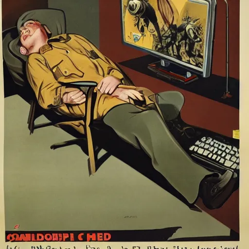 Image similar to a man sleeping at a computer is stung by a bumblebee, ww 2 allied propaganda poster, no text, highly detailed