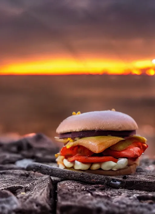 Prompt: a cinematic photograph of junkfood, at sunset, ultra detailed, realistic, beautiful lightning, golden hour time, 8 k, high depth field