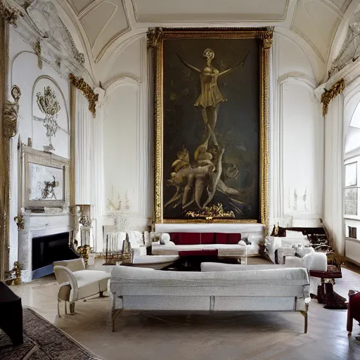 Image similar to giant Italian modern castle living room, clean minimalist design, that is 1300 feet tall, with very tall giant walls filled with modern art paintings, doors that are cosmic portals, photo by Annie Leibovitz