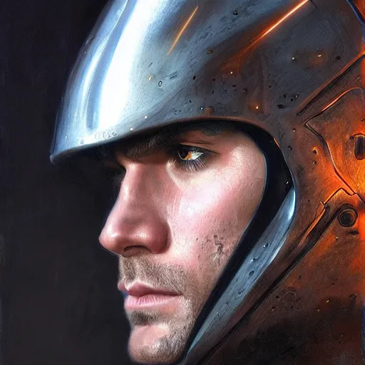 Image similar to henry cavill as a realistic scifi cyberpunk knight, closeup portrait art by donato giancola and greg rutkowski, realistic face, digital art, trending on artstation, skull helmet, symmetry!!!