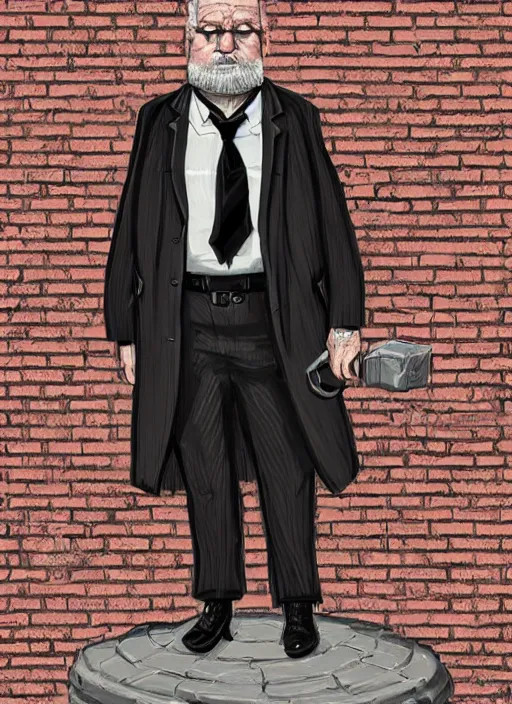 Image similar to a highly detailed illustration of 6 7 year - old clean - shaven chubby chubby chubby white man wearing black detective coat with necktie, heroic pose, brick wall background, intricate, elegant, highly detailed, centered, digital painting, artstation, concept art, smooth, sharp focus, league of legends concept art, wlop.