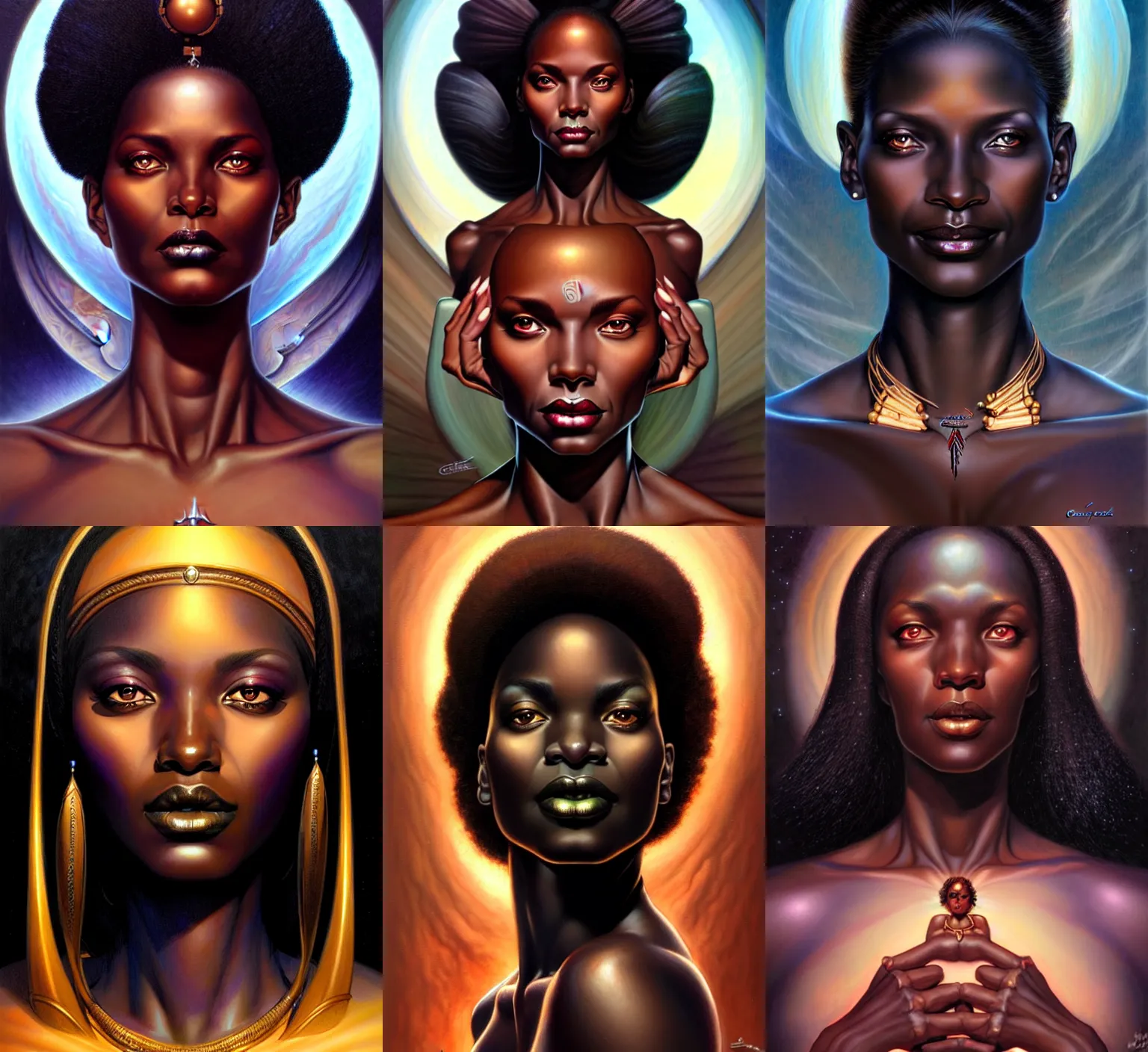 Prompt: stunning goddess of life portrait, dark skin. realistic, symmetrical face. art by bowater charlie, mark brooks, julie bell, arian mark, tony sandoval